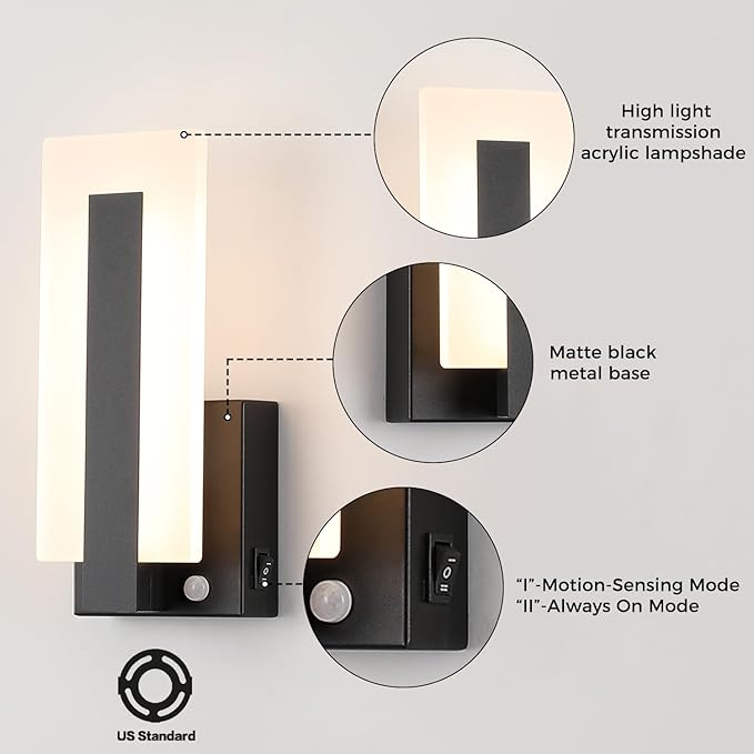 Joosenhouse Wall Sconces Set of Two Hardwired, Black Motion Sensor Wall Light Indoor, Modern Metal and Acrylic LED Wall Lamp 3000K Warm White for Hallway Bedroom Staircase
