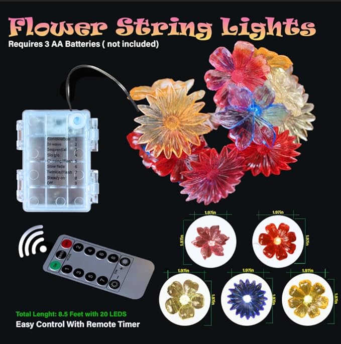 JASHIKA Fairy Lights Decorative Flower Lamp -Waterproof Battery Operated String Lights 7ft 20LED Indoor Outdoor- Floral Décor Flower String Lights Garden Wreath Fence Bathroom Office Home Decor