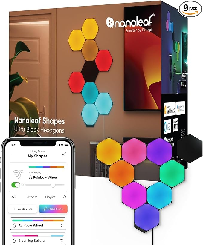 Nanoleaf Shapes LED Wall Lights, RGBW Smart Wall Panels with 16M+ Color, Compatible with Alexa & Google Assistant, Music Sync, DIY Gaming Light for Home Decor (Black Hexagons Smarter Kit 9 Pack)