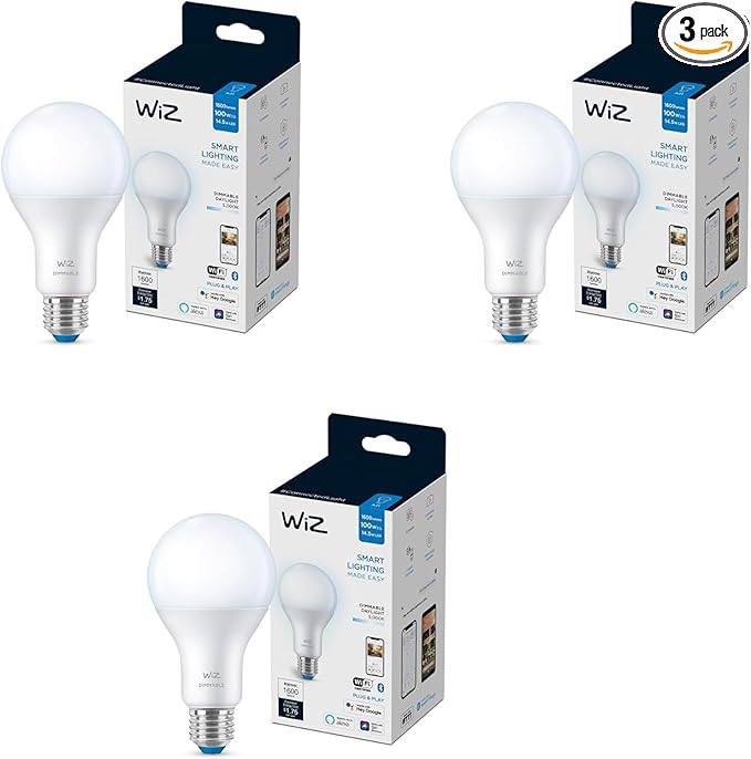 WiZ 100W Eq. (14.5W) A21 Daylight (5000K) LED Smart Bulb - Pack of 3-1600 Lumen- E26 - Indoor - Connects to Your Existing Wi-Fi - Control with Voice or App - Activate with Motion - Matter Compatible