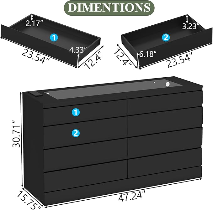 8 Drawer Dresser with Power Outlet, Modern Chest of Drawers with LED Light & Glass Top, Wood Double Dresser TV Stand with Organizer Storage for Bedroom, Living Room, Closet (Black)