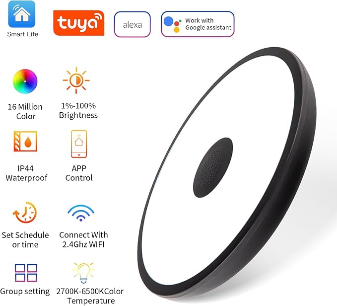 Black Smart Waterproof LED Flush Mount Ceiling Light Fixture,18W,with Bluetooth Speaker,RGB Color Changing Function-Dimmable Lamp,Tuya Application Control-Compatible with Alexa Google Home