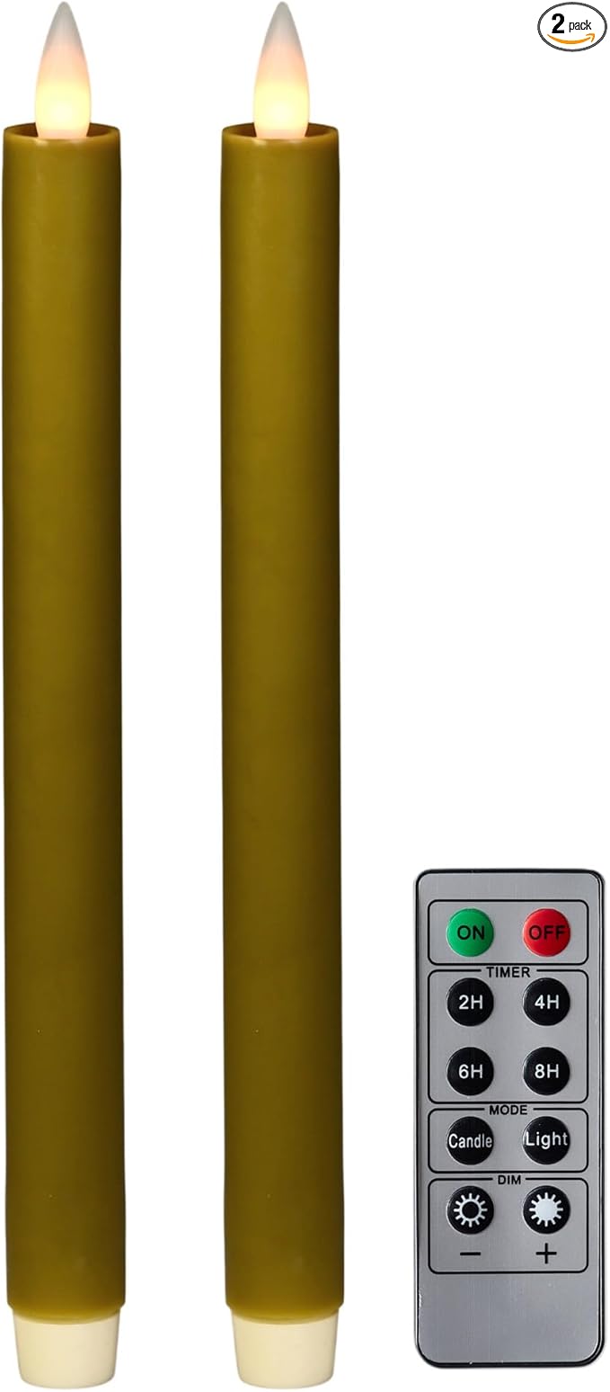 Flameless Taper Candles Flickering with Remote and Timer, 3D Moving Flame Taper Candle Battery Operated to 400 Hours, 9 Inch Window Candles, (Light Brown)