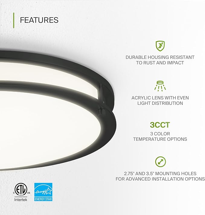 ASD LED 16" Round Flush Mount Lighting, Close to Ceiling Light Fixture | 3CCT, Dimmable, Energy Star, ETL Listed | 24W 1854LM 3000-5000K 120V | Low Profile Double Ring Lamp | Black, 4 Pack