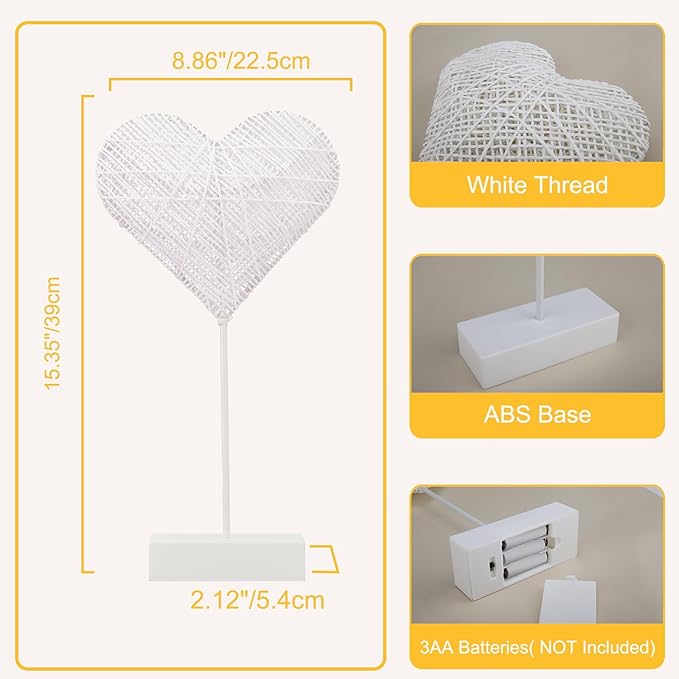 Lewondr Heart Decorative Table Lamp, Valentines Day LED Light Winding Cotton Thread Night Lamp for Bedroom, Battery Powered Desk Lamp for Galentine's Day Romantic Gifts for Women Home Decorations