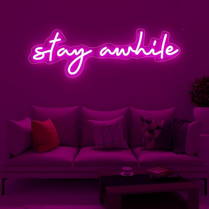 Stay Awhile LED Neon Signs for Wall Decor Neon Wall Art Acrylic LED Lights with Hanging Chain Light Up for Bedroom Decor Graduation Bar Pub Wedding Party 5V USB Powered Dimmable