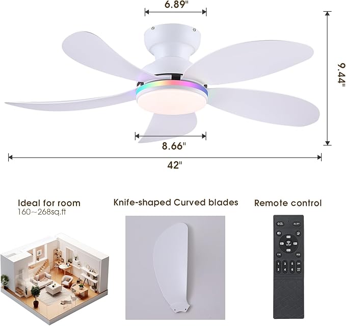 PHORUS 42" White RGB Ceiling Fans with Lights and Remote/APP, Small Modern Low Profile Ceiling Fans with Quiet Reversible DC Motor, Dimmable LED Ceiling Fan Light with 3 Colors 6 Speeds