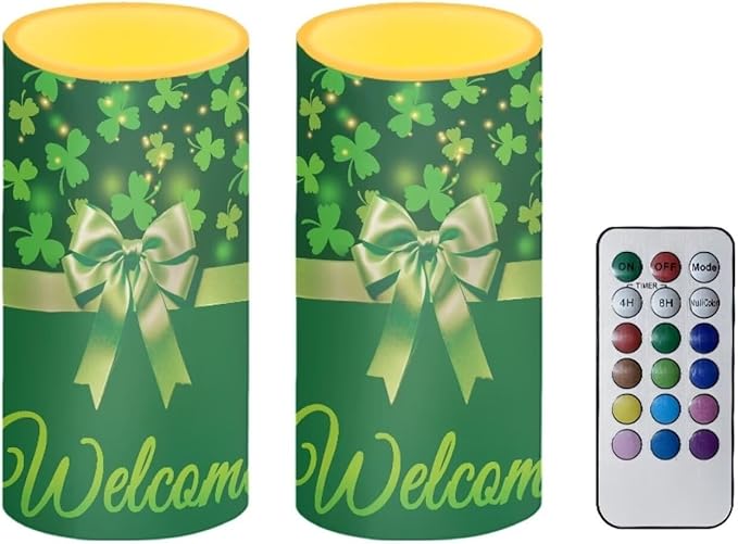 St Patricks Day Decor Flameless Candles Battery Candles with Remote Control Green Bow LED Pillar Candles Electric Fake Plastic Candles for Home Room Bedroom Holiday Decorations Set of 2