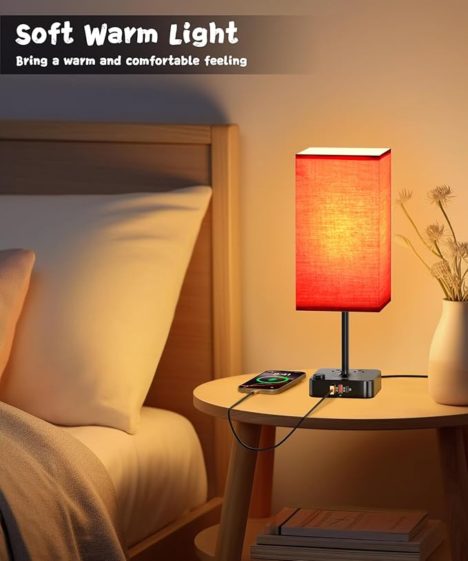 Bluetooth/WiFi RGB & USB Bedside Table Lamp with 3 USB Charging Ports 2 Outlets Power Strip, LED Light Bulb Dimmable, Music Sync Color Changing Light (RGB - Red Shade)