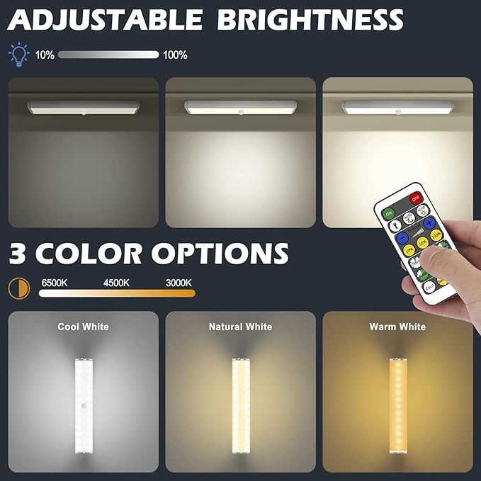 BLS LED Closet Lights, 38 LED Wireless Under Cabinet Lighting Battery Operated Lights with Remote, 1500mah Battery Powered Lights, USB Rechargeable Motion Sensor Light Indoor, Dimmable 3 Colors 3 Pack