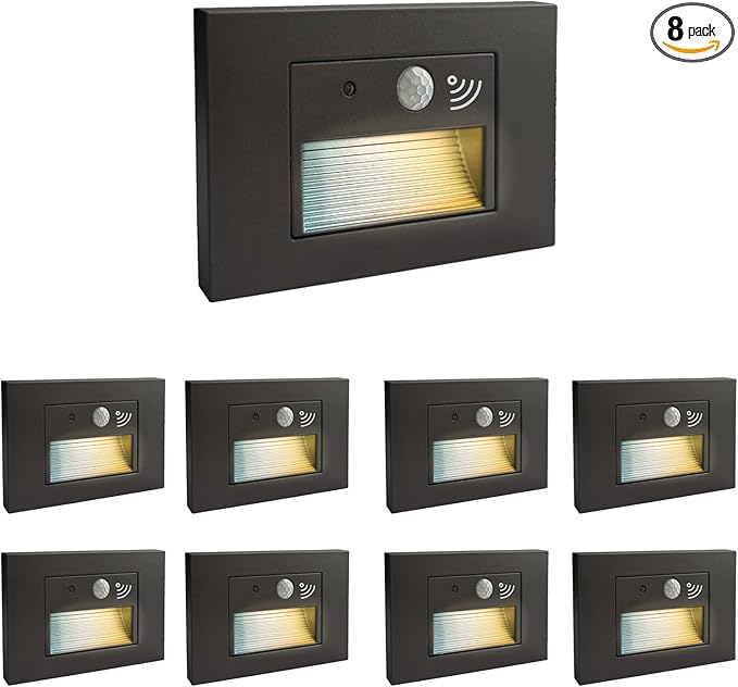 8-Pack Horizontal LED Step Lights, Motion Sensor & Dusk to Dawn, IP65 Waterproof, 3000K-5000K Adjustable, Anti-Glare Louvered, 3W 120V Stair Lights Indoor Outdoor, Bronze, ETL Certified