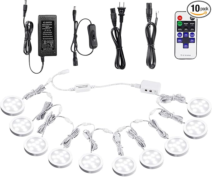 AIBOO Linkable Under Cabinet LED Lighting 12V Dimmable Puck Lights with Wireless RF Remote Control, Hardwired & Wall Plug in for Display Lighting(10 Lights, Daylight White)