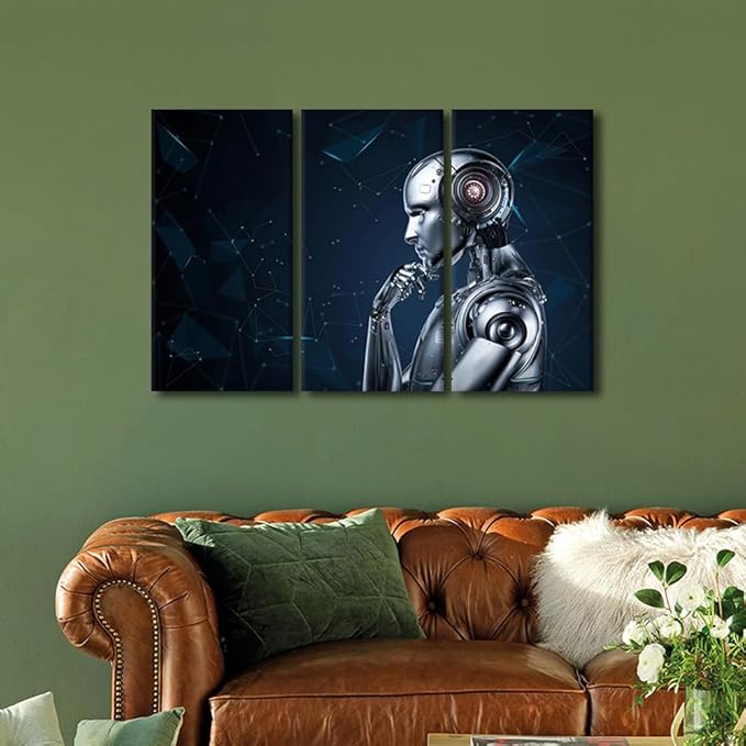 TUMOVO AI Intelligence Prints Wall Art Home Wall Decorations Robot Large Wall Decor 3 Pieces Robot Canvas Wall Art AI Artwork for Home Office Decoration Framed Ready to Hang, 36" Wx24 H