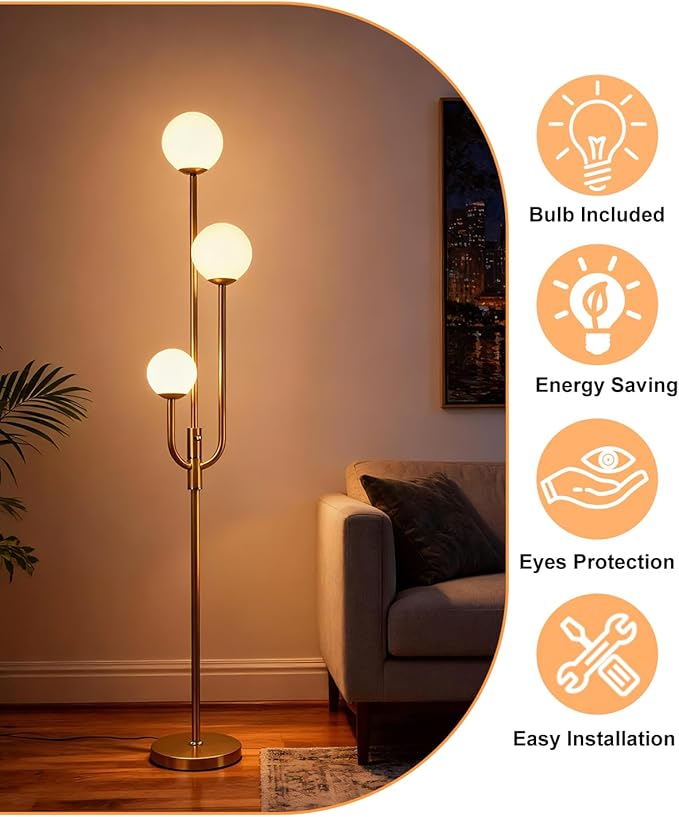Lightdot 66IN Gold Globe Floor Lamp 3-Lights Vintage Gold Floor Lamps with 3000K Bulbs Included for Wedding Party Modern Tall Standing Lamp Dimmble for Living Room/Bedroom/Sofa Beside/Corner Decor