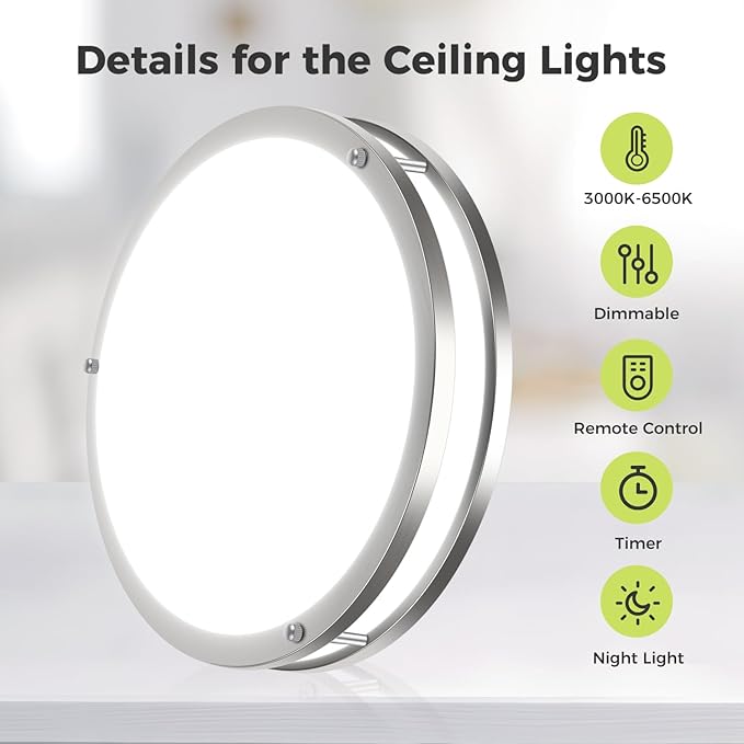 hepside 2Pack Flush Mount LED Ceiling Light with Remote, Dimmable& 3000K-6500K Adjustable Ceiling Light Fixture, Timer, Night Light, 10 inch Brushed Nickel Ceiling Lamps for Kitchen Bathroom Bedroom