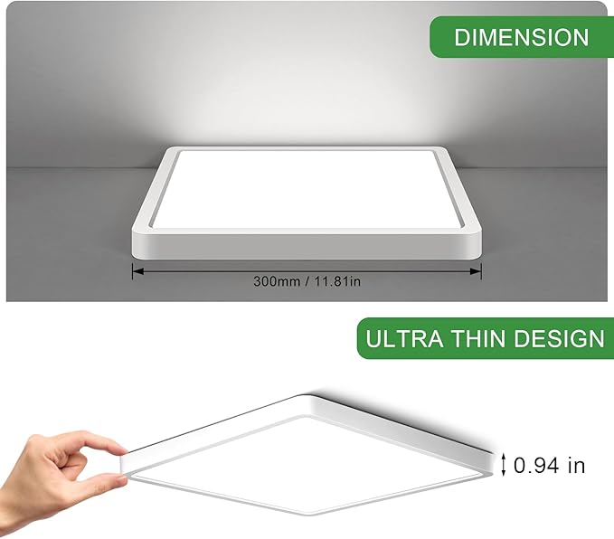 12Inch 24W Square LED Ceiling Light Fixtures Flush Mount, 5000K Daylight White LED Ceiling Lamp, Surface Mount Modern Ceiling Lights, Slim Flat Panel Lighting for Bedroom, Kitchen, Bathroom Etc.