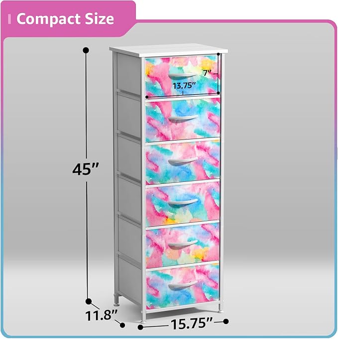 Sorbus Dresser Storage Tower, Organizer Drawers for Closet Boys & Girls Bedroom, Bedside Furniture, Chest for Home, College Dorm, Steel Frame, Wood Top, Tie-dye Fabric Bins (4-Drawer, Pastel Tie-dye)