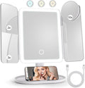 Lighted Makeup Vanity Mirror, Height Adjustable Trifold Mirror with Seamless Light Strip, 1X/2X/3X/10X Magnification, 2000mAh Rechargeable Desk Mirror, Dimmable 3 Color Lighting, Gifts for Mom Women