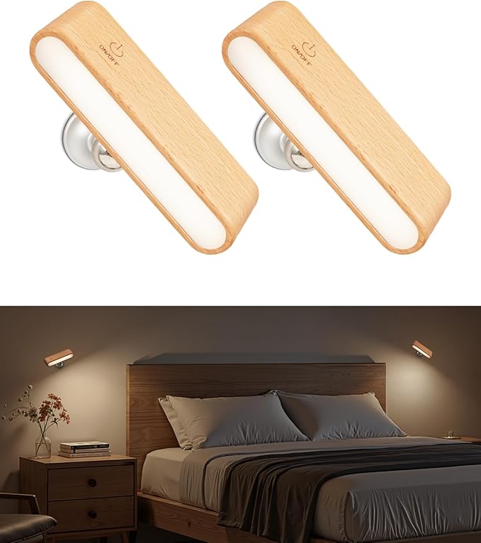 Wood Battery Operated Wall Sconces Set of Two, Magnetic Mini Wall Lights with 360° Rotation and Adjustable Brightness, Stick-On Mount for Bedside, Hallway, Living Room (2Pack Beech Wood)