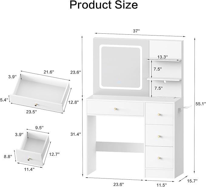 Makeup Vanity Desk with Mirror and LED Lights, White Vanity Table with Charging Station, 3 Open Storage Shelves & 4 Drawers, Dressing Table with 3 Color Modes & Adjustable Brightness for Bedroom