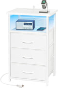 Fixwal White Nightstand with Charging Station, LED Night Stand with 3 Fabric Drawers and Open Shelf, Bedside End Table in Bedroom