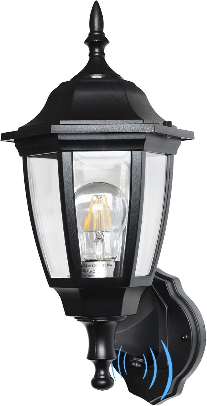 FUDESY Outdoor Wall Light Dusk to Dawn, Porch Sensor Light Black Plastic Anti-Corrosion with LED Edison Filament Bulb, Exterior Mount Lantern for House, Garage (1-Pack), FDS2542PS-B