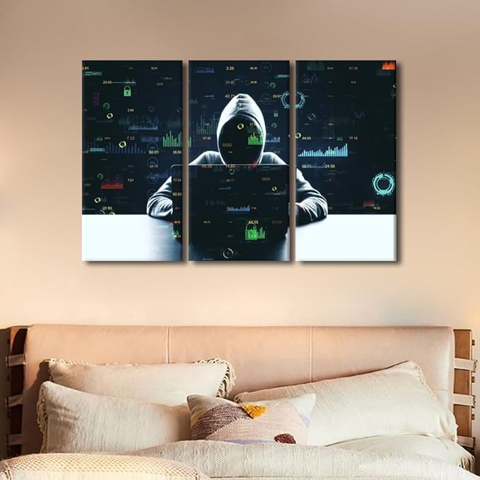 TUMOVO 3 Pieces Wall Art Hacker Malware Paintings for Home Wall Decorations AI Big Data Canvas Prints Hacker Artwork for Home Walls Contemporary Home Decor Framed Ready to Hang Posters, 42" Wx28 H