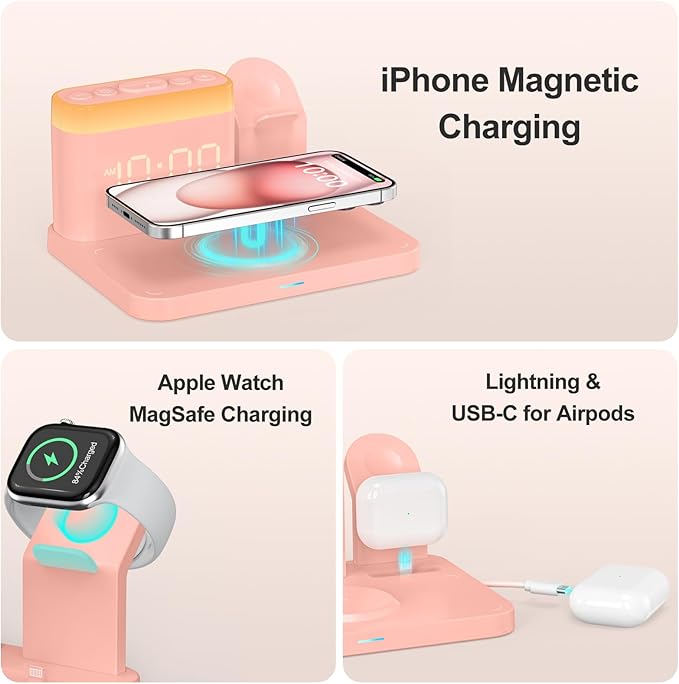 ANJANK 5 in 1 Wireless Charging Station with Alarm Clock,7 Night Light & 0-100% Dimmer,Qi Mag-Safe Charger Stand for Apple Devices - for iPhone 17 16 15 14 13 12 Pro Max Plus Air,Apple Watch,Airpods