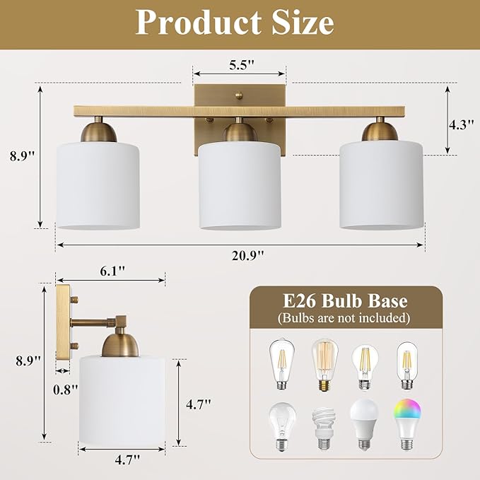 Milk Glass Vanity Lights for Bathroom, 3 Light Brass Bathroom Light Fixtures Over Mirror, Ceramic E26 Sockets Wall Mounted