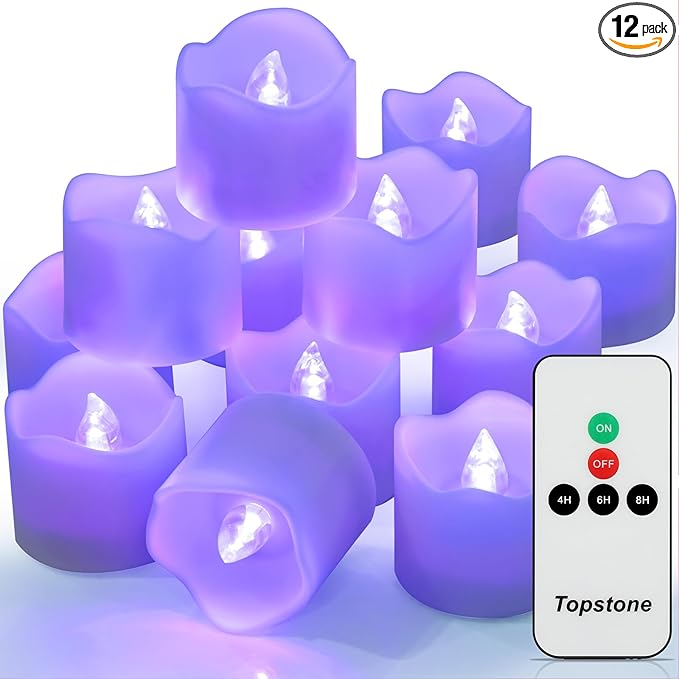 Topstone Electronic Flameless Candles with Remote Control,Purple LED Light, 400+ Hours Battery Life, CR2450 Battery Included, Timer, Realistic Flickering for Home Decor, Wedding, Party, Holiday