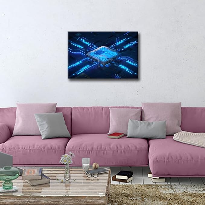 TUMOVO Canvas Art Wall Decor CPU Concept Bedroom Wall Art Pictures for Living Room Digital Chip Wall Painting Central Computer Processors Modern Wall Art Stretched and Framed Ready to Hang 18x12in