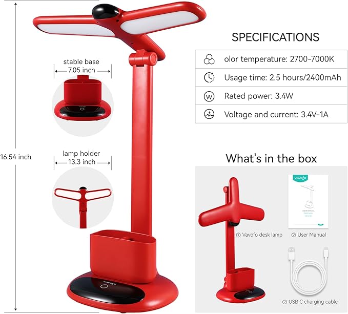 VAVOFO Wireless LED Desk Lamp 6785-Touch Control, 2700-7000K Adjustable Color Temperature, 700 Lumens, Dual-Head Design, Pen Holder, USB-C Charging, 2400mAh Battery, 2.5hrs Wireless Use