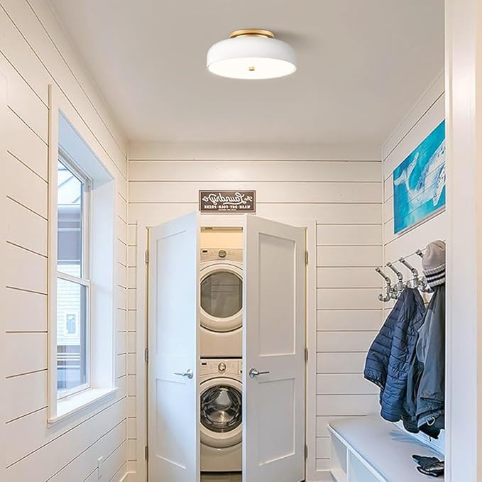 Dimmable LED Ceiling Light, White and Gold Light Fixture, Mid-Century Semi Flush Mount Ceiling Light 5CCT 2700K-6000K Ceiling Lamp for Laundry Room Kitchen, Bedroom, Hallway(11.8in)