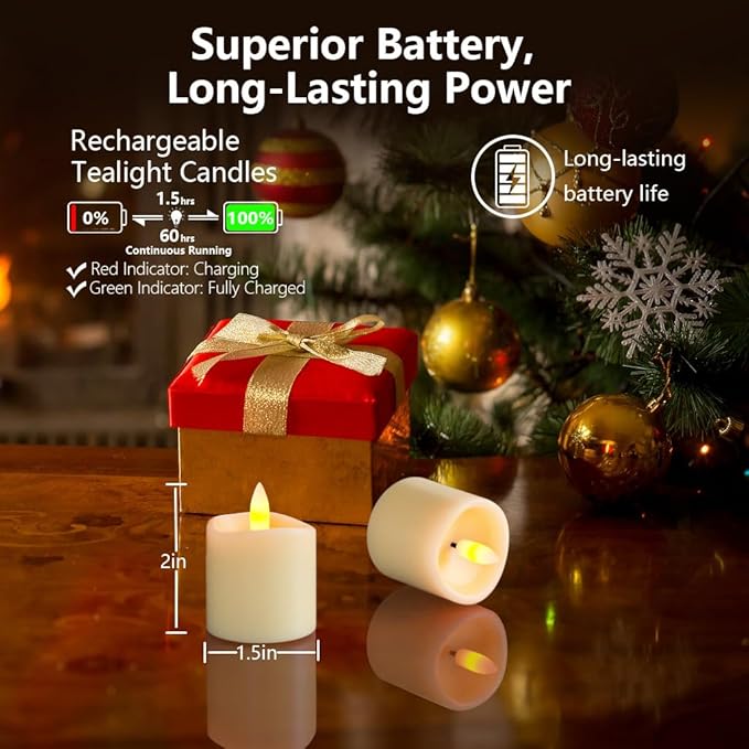 Rechargeable Tea Lights with Timer Control,1.5”×2”Electric LED Candles Flickering Warm White for Valentine, Wedding Decor,Home Decoration(6pcs)