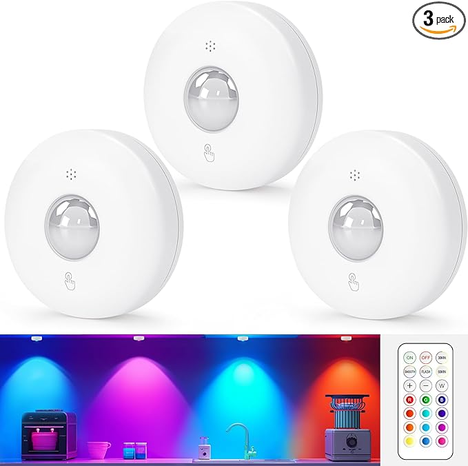 LED Puck Lights with Remote Control, 13 Colors Battery Operated Tap Lights, Dimmer& Timer Magnetic Under Cabinet Light, Wireless Stick on Light for Closet, Bedroom, Kitchen White 3Pcs
