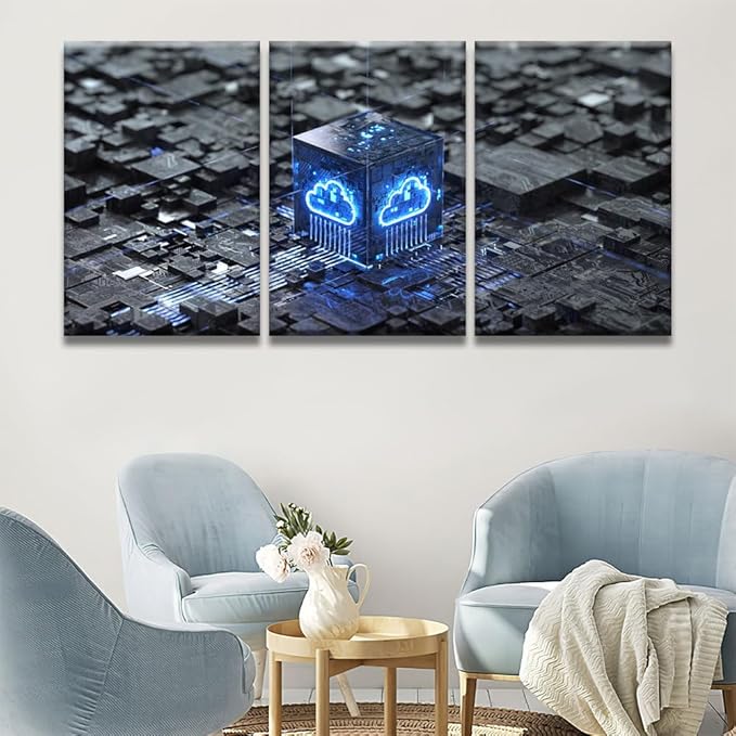 LSIUHWUWI Wall Art for Living Room 3 Panel Cloud Computing and Vetwork Security Concept Pictures Posters Contemporary Wall Decor for Home Office Hotel Wall Wooden Framed Ready to Hang 16x24inchx3