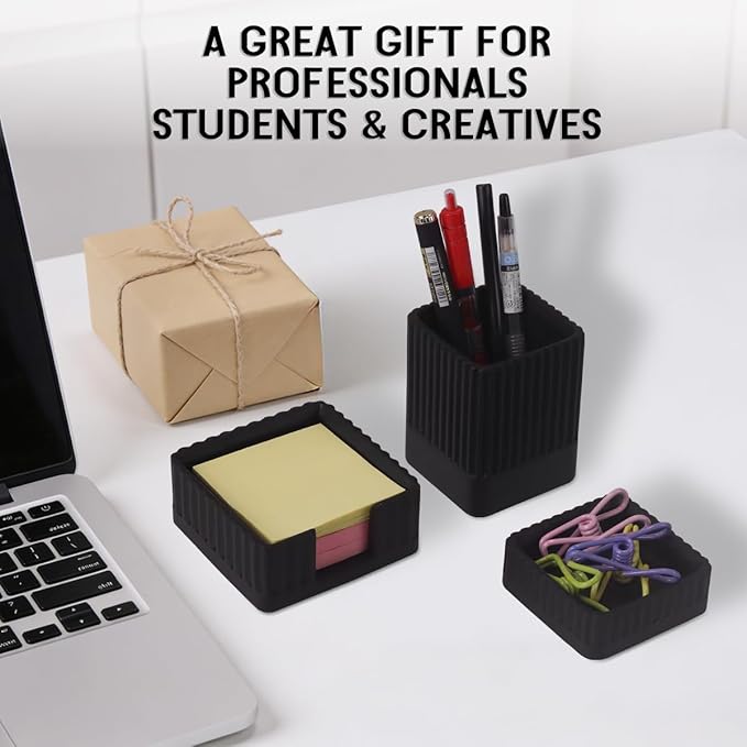 Desk Organizer Set of 3 for Office Accessories - Includes Pen Holder, Paperclip Storage, and Sticky Note Holder - Aesthetic Concrete Desktop Accessories for Women or Men, Office Decor (Black)