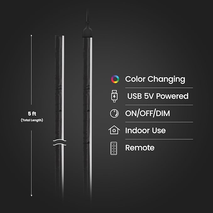 Feit Electric 5ft Indoor LED Light Strip, Dimmable, 0.1-Inch Wide, Multi-Color Chasing, USB-Powered, Filling & Stacking Patterns for Car Dashboards, Desks, Shelves & Furniture, TAPE60/TCOB/RGB/USB