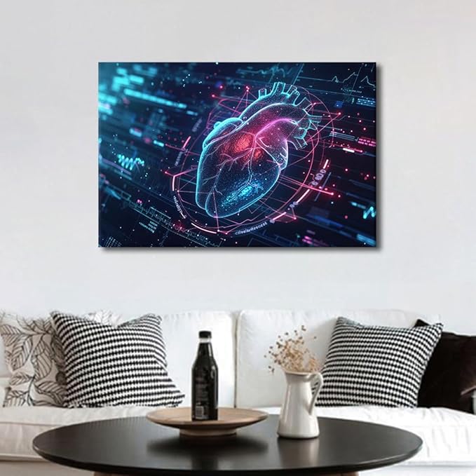 Artificial Intelligence Heart Paintings Canvas Wall Art Framed Bedroom Art Wall Decor Human Heart Pictures for Living Room Wall Decoration Posters with Frame Ready to Hang 16" Wx24 Hx1 Panel