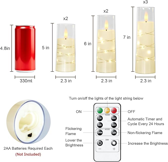 Raycare Flameless Candle with Remote Timer, 7 Flickering Acrylic Battery Operated LED Pillar Candles with Embedded Star String for Valentine's Day, Home Decor, and as a Gift(Ivory)