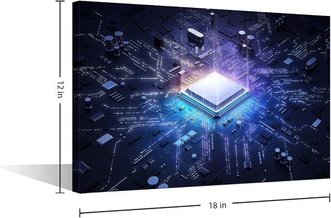 TUMOVO 1 Piece Canvas Wall Art Print Glowing CPU Wall Art for Bedroom Futuristic CPU Wall Decor Art Paintings Computer Chip Modern Giclee Artwork for Office Home Decor Ready to Hang, 18x12in