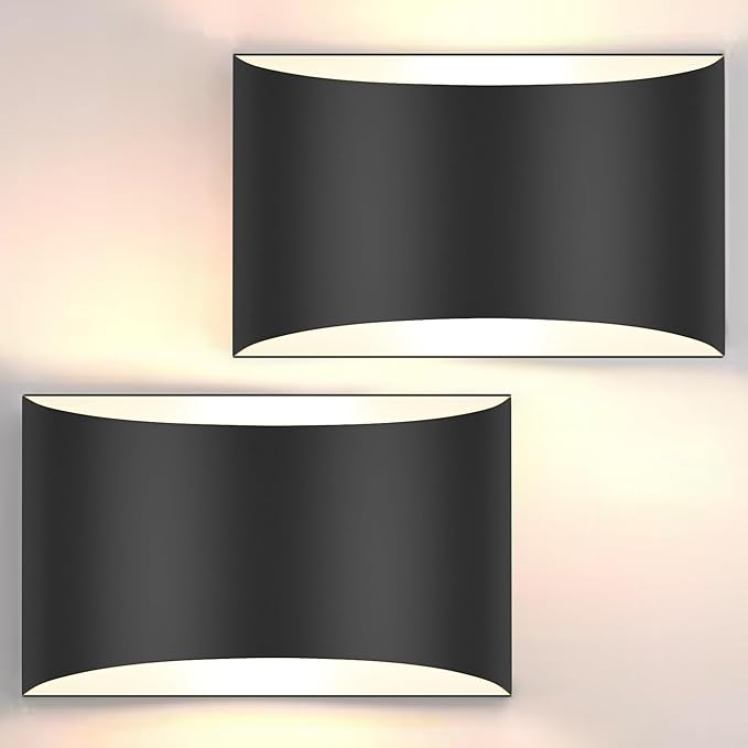 FOLKSMATE Modern LED Wall Sconces Set of 2, 3000K Warm White Up and Down Mount Light, Matte Black Large Interior Wall Lights Hardwired Lamp for Indoor Living Room Bedroom Hallway Basement Stairway