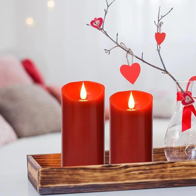 Flameless Battery Operated Flicking Candles:Remote Control Realistic Wax Pillar LED Candle with 10-Key Cycling 24 Hours Timer for Home Decoration Wedding Birthday Party 2PACK Red