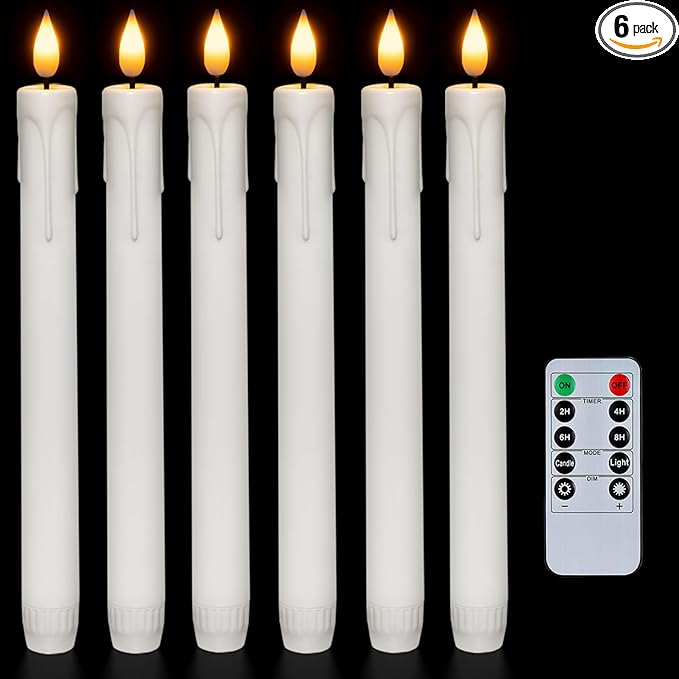 Homemory 6 Pcs Flameless Taper Candles with Remote, Timer, Dimmer, 9.6 Inches Plastic White Led CandleSticks with Flickering Light, Battery Operated Window Candles for Halloween Christmas Decoration
