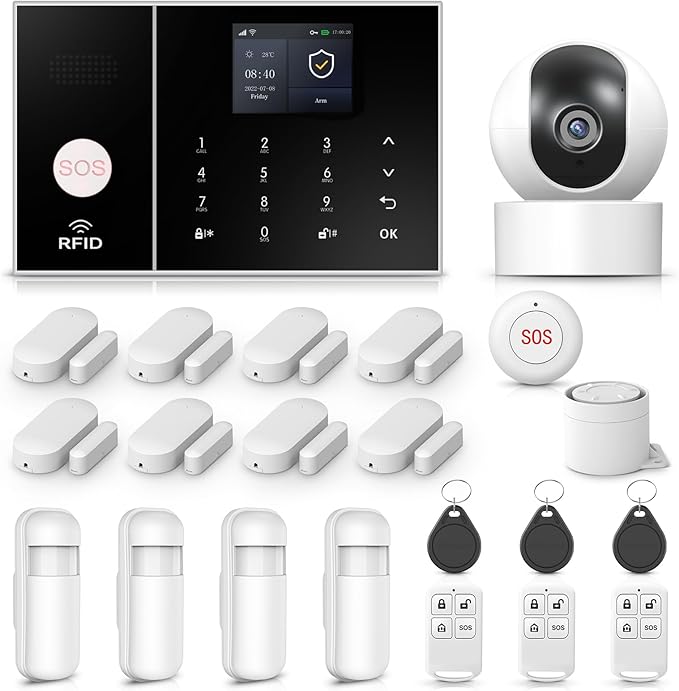 PGST WiFi Alarm System with 2MP HD Security Camera,Wireless Home Security Systems with Door/Window Sensors,Remote,Tuya APP Instant Alerts for Villa,Apartment,Pets,Kids Safety,No Monthly Fee
