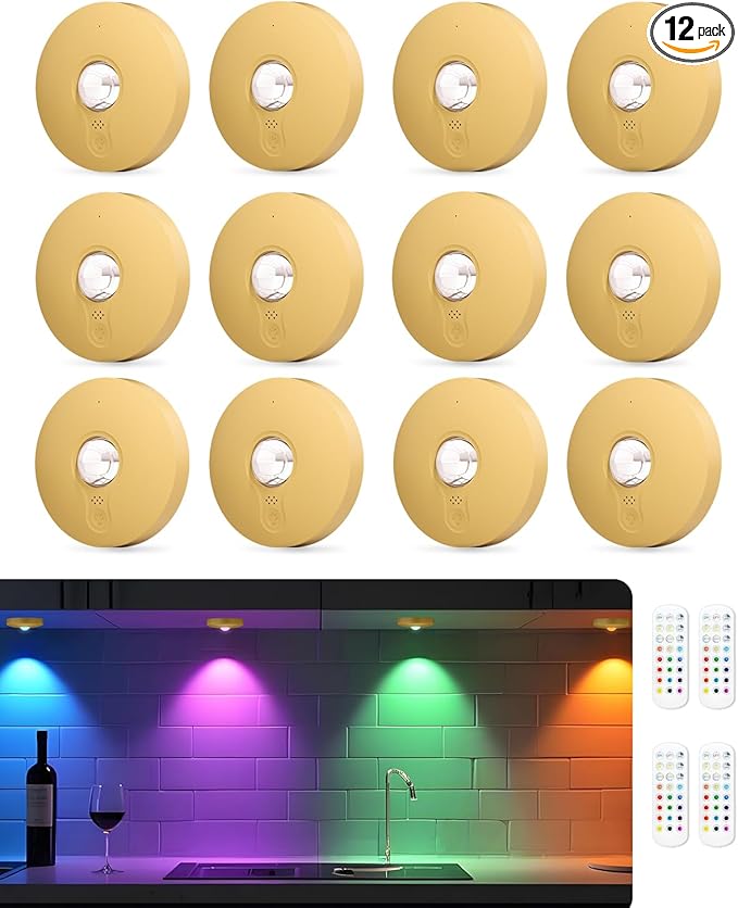 Rechargeable RGB Puck Lights with Remote Control, 1500mAh Battery Operated Push Lights, Dimmable & Timer Under Cabinet Lighting for Closet, Bedroom, Kitchen Gold 12Pcs