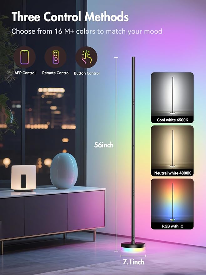 Corner Floor Lamp 2 Pack,RGBICW LED Corner Lamp with 1300lm Smart Modern Floor Lamp,App & Remote Control,Music Sync,Color Changing Standing Lamp for Bedroom Living Room and Gaming Rooms