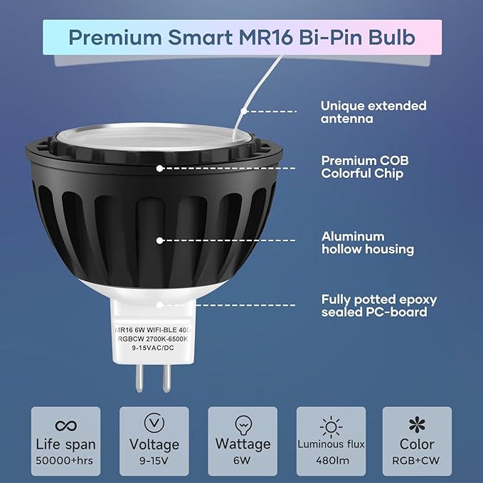 Gardencoin MR16 LED Bulb Color Changing, RGBCW Smart GU5.3 LED Bulbs Dimmable, 6W 12V Bi-Pin Base, Spotlight Bulbs Replacement for Halloween & Christmas Outdoor, WiFi Bluetooth Control (6 Pack)