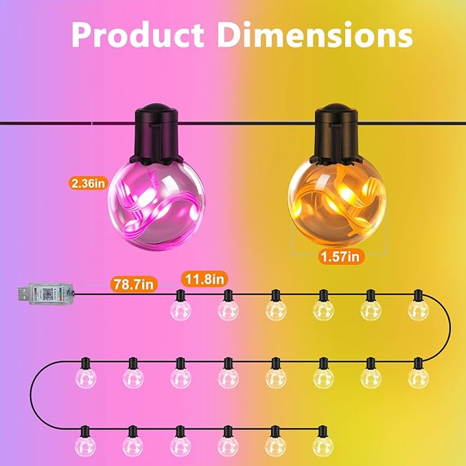 Outdoor String Lights, 25ft 20 G40 Bulbs LED Color Changing Hanging Lights Dimmable with 220+ Scene Modes, App Control, IP65 Waterproof Globe Bulb for Indoor Patio Backyard Balcony Decor