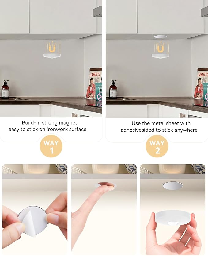 Rechargeable RGB Puck Lights with Remote Control, 1500mAh Battery Operated Push Lights, Dimmable & Timer Under Cabinet Lighting for Closet, Bedroom, Kitchen White 6Pcs